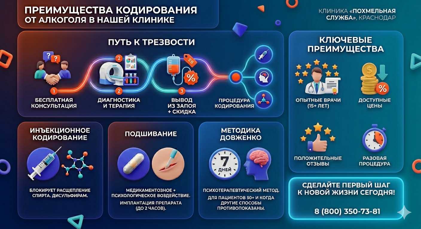 Инфографика о методах кодирования от алкоголя в Павлово: инъекции, подшивание, метод Довженко. Преимущества клиники и этапы лечения.
